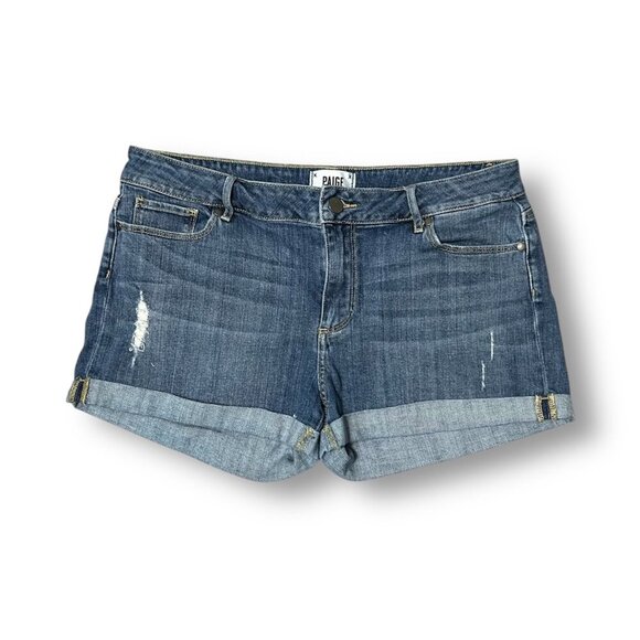 PAIGE 30 Dark Wash Denim Shorts Cuffed Hem Distressed Medium Wash Stretch Summer - Picture 2 of 9